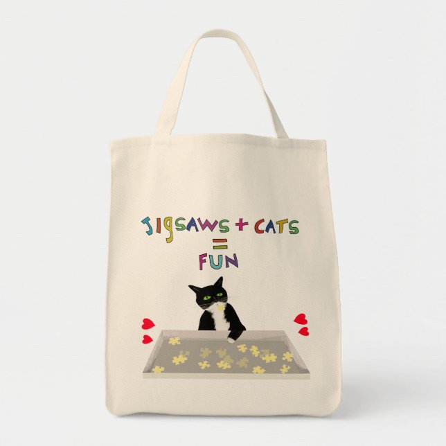 Bolso De Tela Jigsaws y gatos son igual a diversión (Frente)