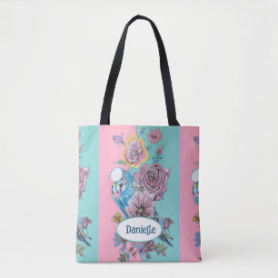 Bolso De Tela Jilguero Azul Pájaro Rosa Floral Rosa Acuática Nom