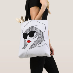 Bolso De Tela Joven Chica Red Lips Sungafas Gorra francés