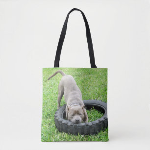 Bolso De Tela Joven Staffy Macho Jugando Con Su Neumático,