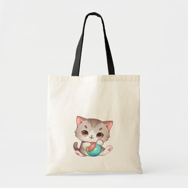 Bolso De Tela Juego de gato rosa gris con bolas (Frente)