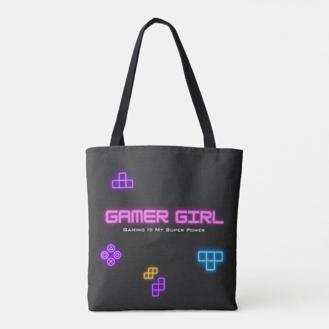 Bolso De Tela Juego en neón rosa, verde, videojugador (Reverso)