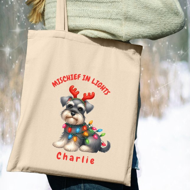 Bolso De Tela Jugador acuarela Miniatura Schnauzer Festive Dog (Carry festive cheer with this custom fun Mini Schnauzer dog tote bag. A perfect gift for dog lovers.)