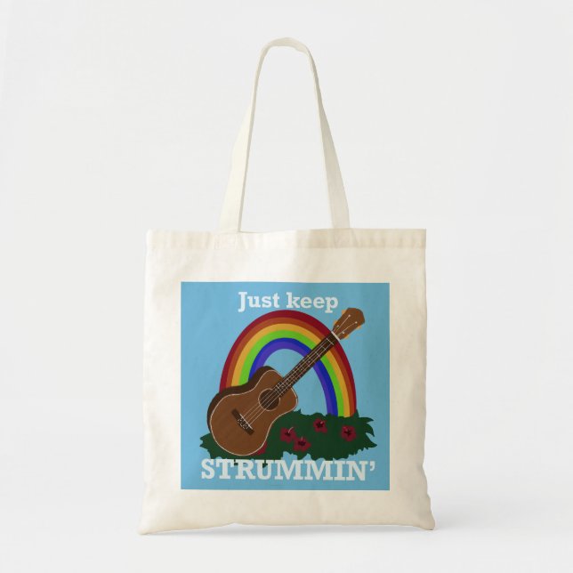 Bolso De Tela Just Keep Strummin’ Ukulele Rainbow Hawaiian  (Frente)