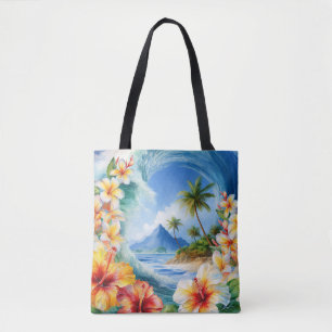 Bolso De Tela Kai Aloha Hibiscus Watercolor Wave Beach Bag