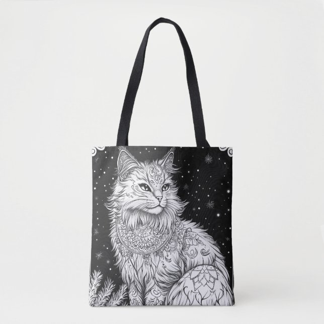 Bolso De Tela Katze mit Mandala unter magischem Sternenhimmel (Anverso)