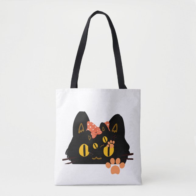Bolso De Tela Kawaii Black Cat Peekaboo Art with Bow (Anverso)