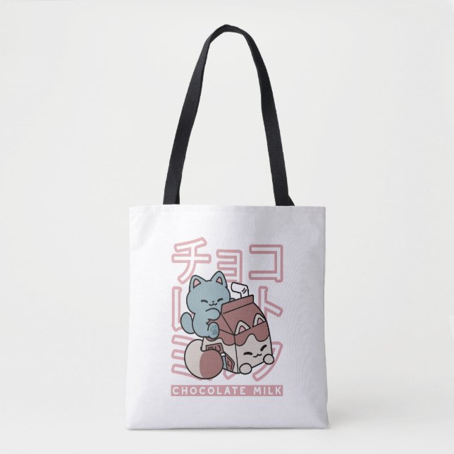 Bolso De Tela Kawaii Cat with Chocolate Milk – Japanese Pop Art  (Anverso)