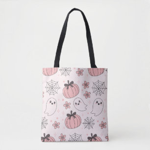 Bolso De Tela Kawaii Fantasma y Calabazas de Halloween Rosa
