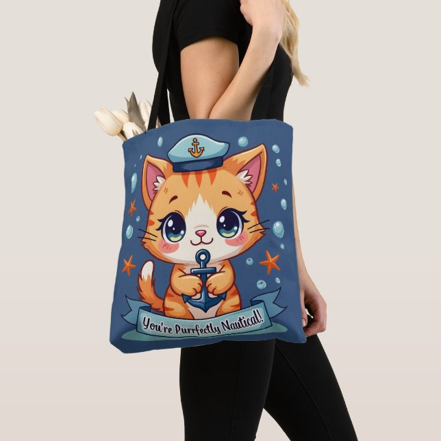 Bolso De Tela Kawaii Nautical Cat Vela Anchor Pun (Detalle)
