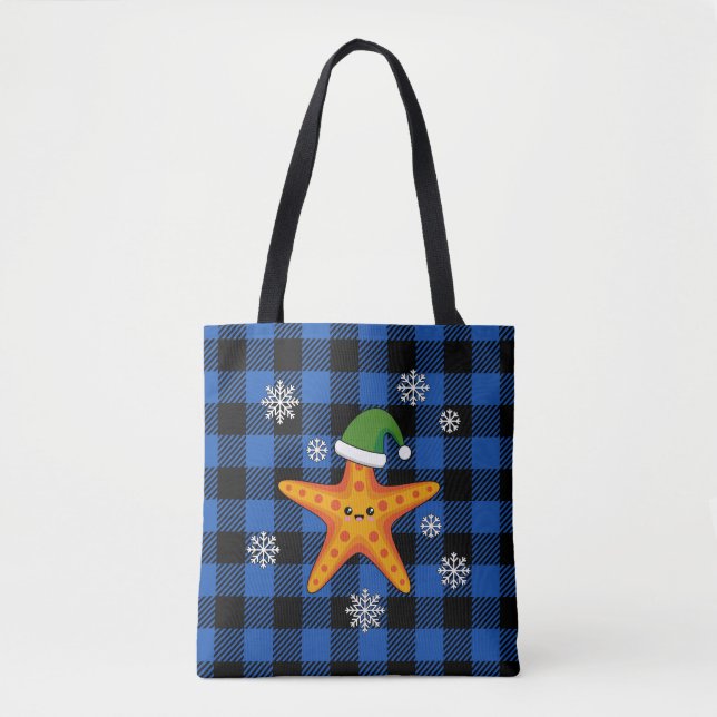 Bolso De Tela Kawaii Navidad Starfish en patrón de búfalo azul (Anverso)
