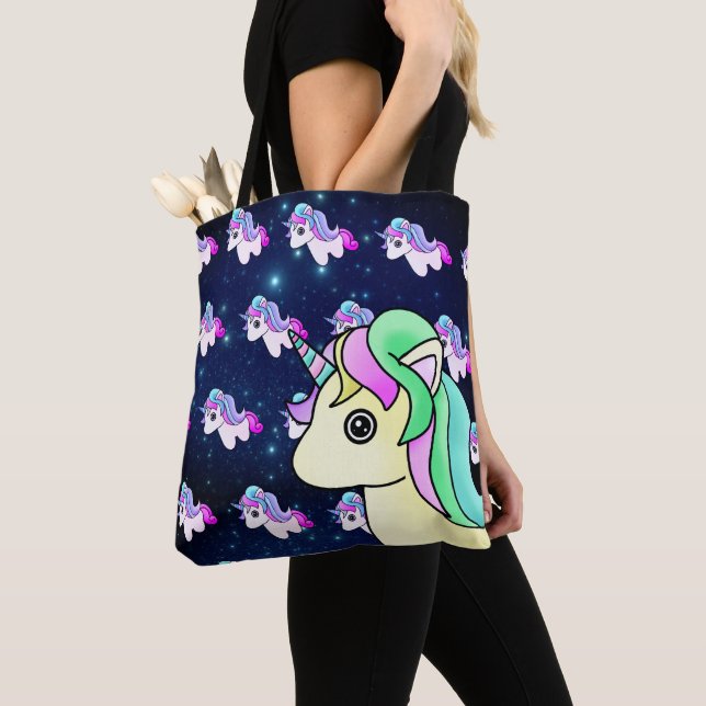 Bolso De Tela Kawaii Pastel Unicornio con estrellas azules galax (Detalle)