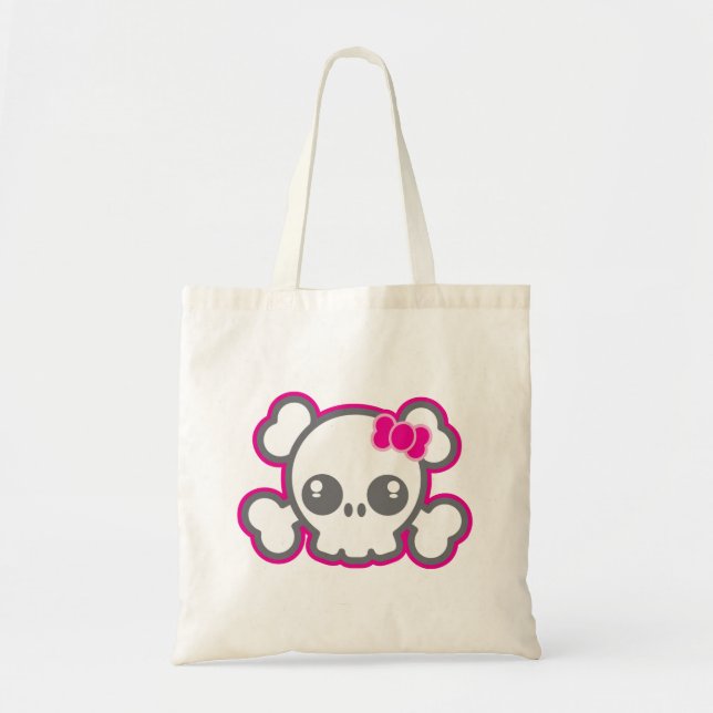 Bolso De Tela Kawaii Pink Ribbon Skull Tote Bag (Frente)