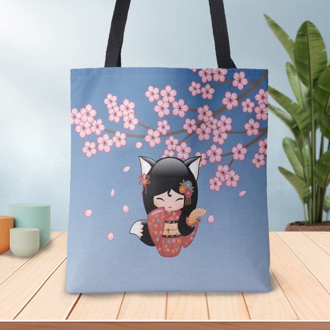 Bolso De Tela Kitsune Kokeshi Doll - Chica negro Fox Geisha (Subido por el creador)