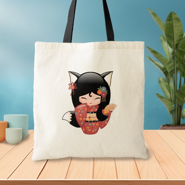 Bolso De Tela Kitsune Kokeshi Doll - Negro Fox Geisha Chica 2 (Subido por el creador)