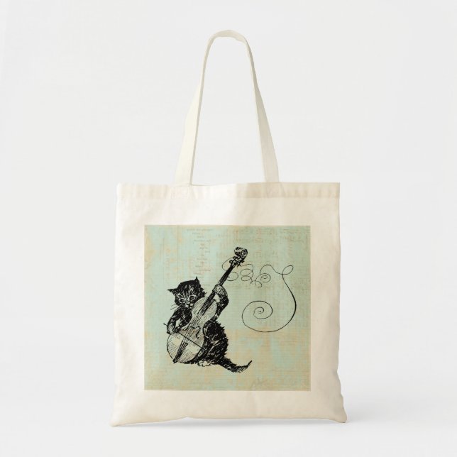 Bolso De Tela Kitten Jugando Ilustracion de gato de música Verde (Frente)