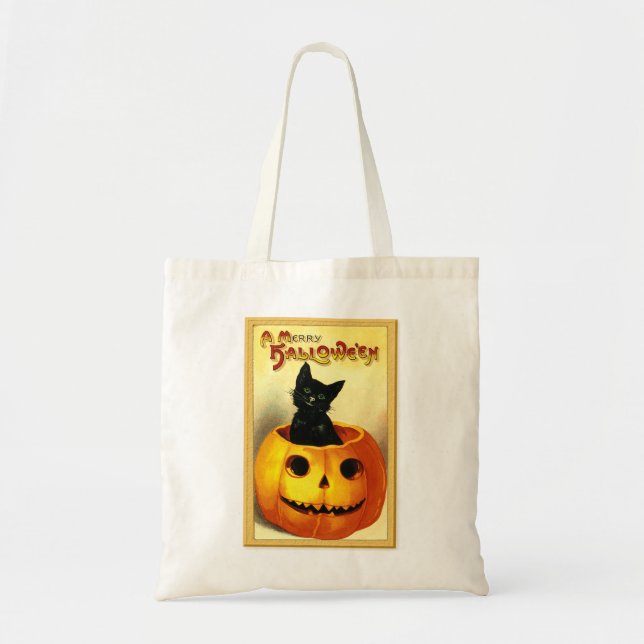 Bolso De Tela Kitty de Halloween sentado en Jack O Lantern (Frente)