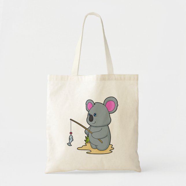 Bolso De Tela Koala como pescador con caña y pescado (Frente)
