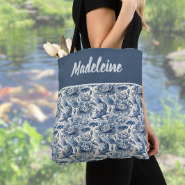 Bolso De Tela Koi Fish and Water Lily Blue Chinoiserie Monogram