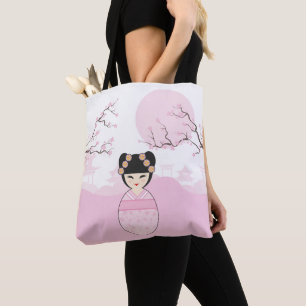 Bolso De Tela Kokeshi Doll in Pink on Typical Japanese Landscape