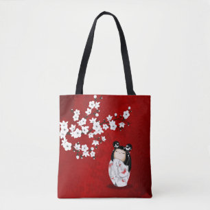 Bolso De Tela Kokeshi Dolor Rojo Negro Y Flores De Cerezo Blanco