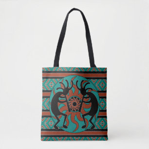 Bolso De Tela Kokopelli tribal Brown verde azulado y negro