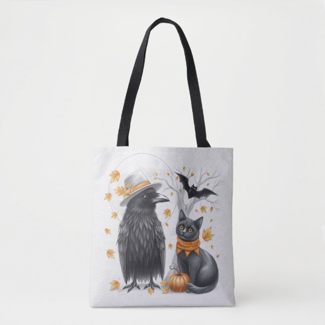 Bolso De Tela Krähe und Katze Halloween Herbst Crow  (Anverso)