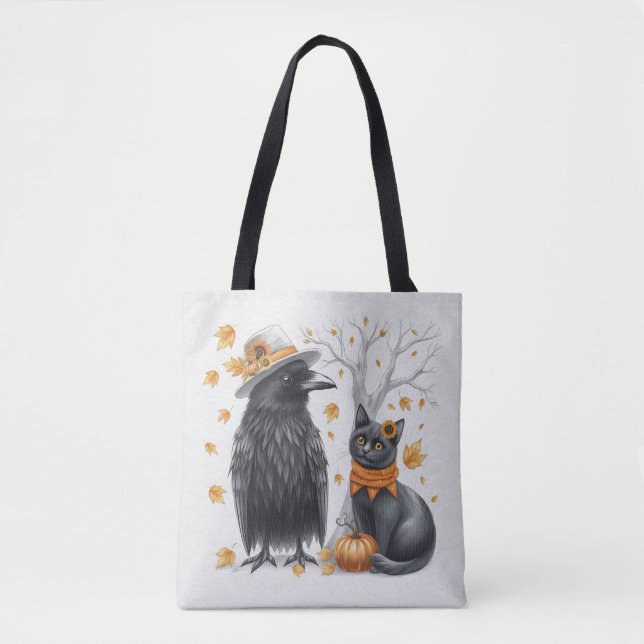 Bolso De Tela Krähe und Katze Herbst Thanksgiving Crow  (Anverso)
