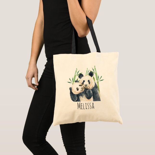 Bolso De Tela La acuarela Panda rompe con mamá y bebé en Bambú (Anverso (producto))