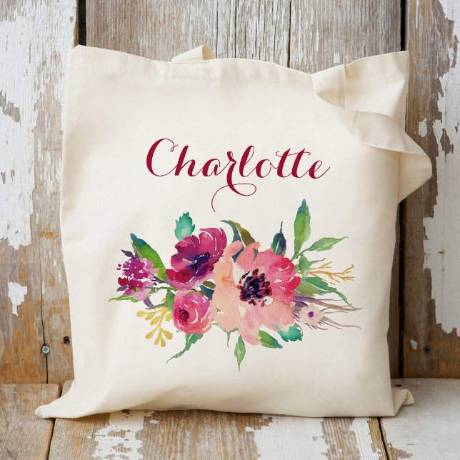 Bolso De Tela La dama de honor floral de Borgoña personalizada (Subido por el creador)