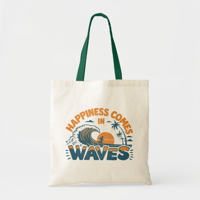 Bolso De Tela La felicidad llega en la playa Waves Retro (Frente)