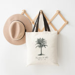 Bolso De Tela La Habana Palm Wedding Favor<br><div class="desc">Las bolsitas de tocador de bienvenida de la moda de la isla o de bienvenida boda cuentan con un ilustracion de palmera de estilo vintage grabado con sus nombres y fecha boda bajo una combinación de escritura elegante y tipografía en bloque. Una elección perfecta para bodas de verano, de playa,...</div>