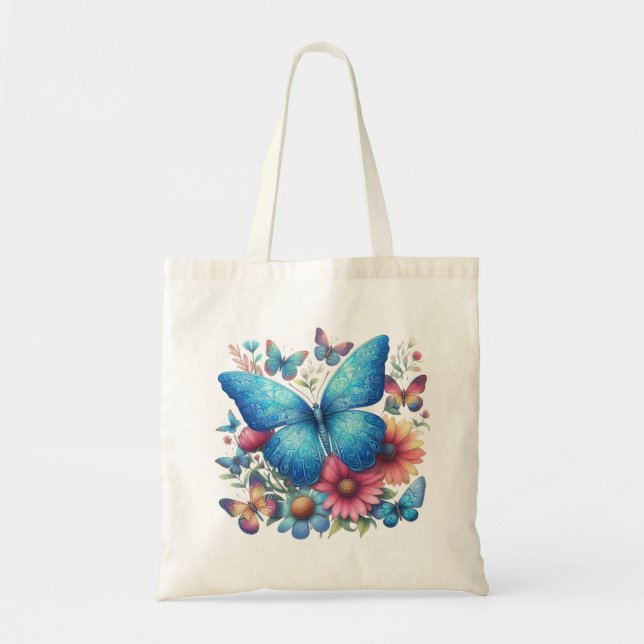 Bolso De Tela La mariposa azul disfruta de flores (Frente)