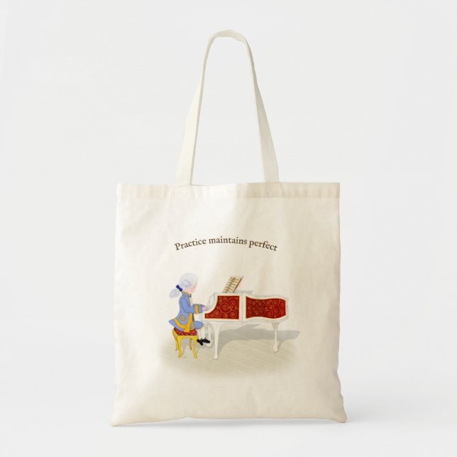 Bolso De Tela "La práctica mantiene la perfección" Mozart jugand (Frente)