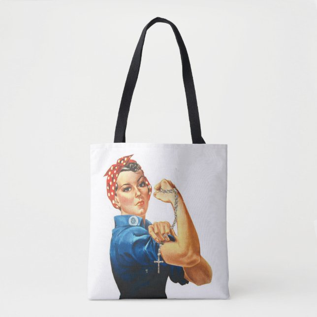 Bolso De Tela La religiosa Rosie del Riveter Rosario Católico (Anverso)