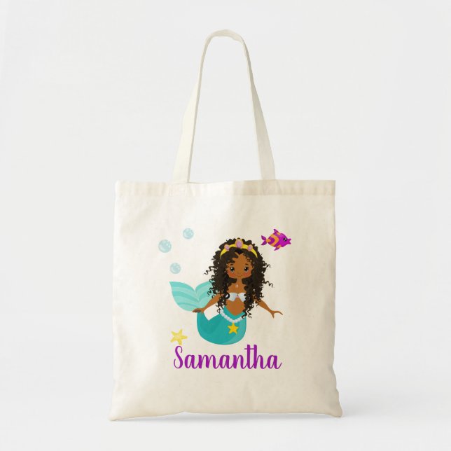 Bolso De Tela La sirena afroamericana personalizada Curly Hair (Frente)