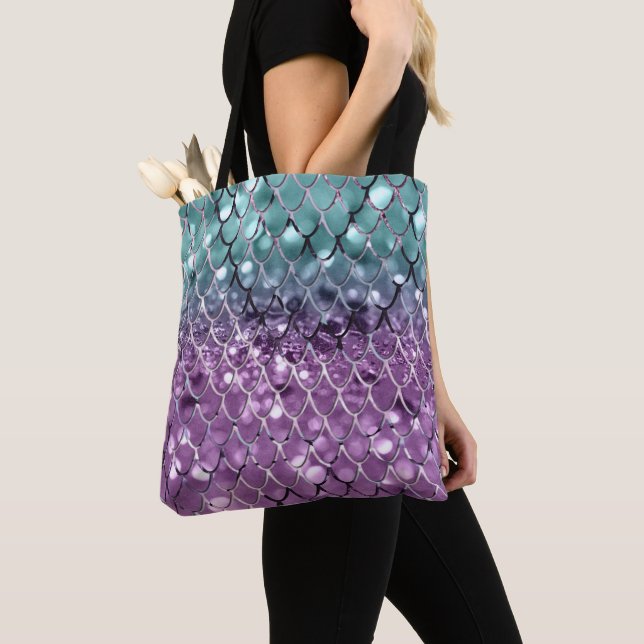 Bolso De Tela La sirena escala en Aqua Purple MERMAID Purpurina  (Detalle)