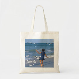 Bolso De Tela La tipografía blanca ama la foto del mar Azul