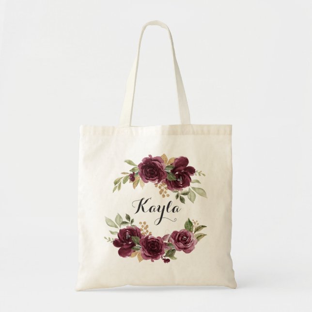 Bolso De Tela La vegetación floral borgoñona de oro personalizad (Frente)