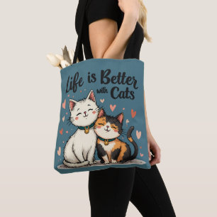 Bolso De Tela La vida es mejor con gatos curados estéticos, azul