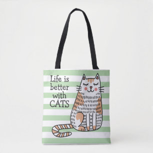 Bolso De Tela La vida es mejor con gatos Doodle