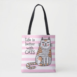 Bolso De Tela La vida es mejor con gatos Doodle