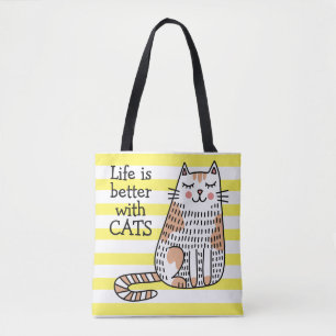 Bolso De Tela La vida es mejor con gatos Doodle