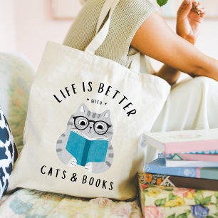 Bolso De Tela La vida es mejor con gatos y libros