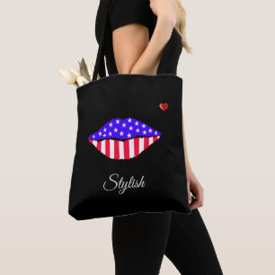 Bolso De Tela Labios de bandera americana con estilo y caligrafí