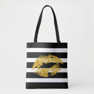 Bolso De Tela Labios De Purpurina De Oro Y Bandas Blancas Negras