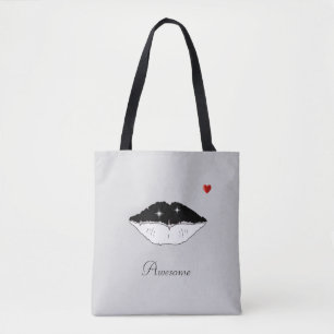 Bolso De Tela Labios negros y blancos elegantes y caligrafía en