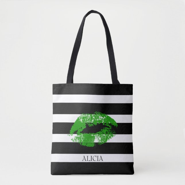 Bolso De Tela Labios Verdes Monogramo Y Bandas Blancas Negras (Anverso)