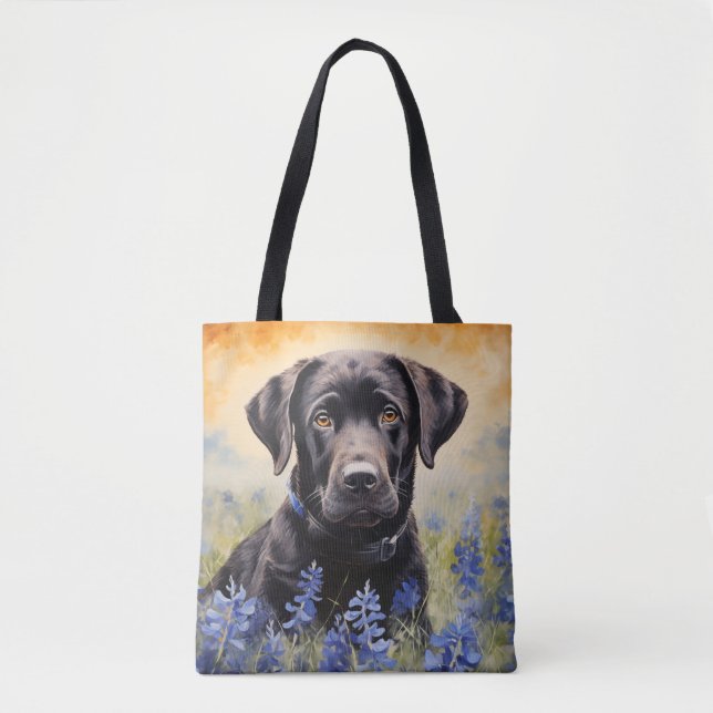 Bolso De Tela Labrador negro en Bluebonnets (Anverso)