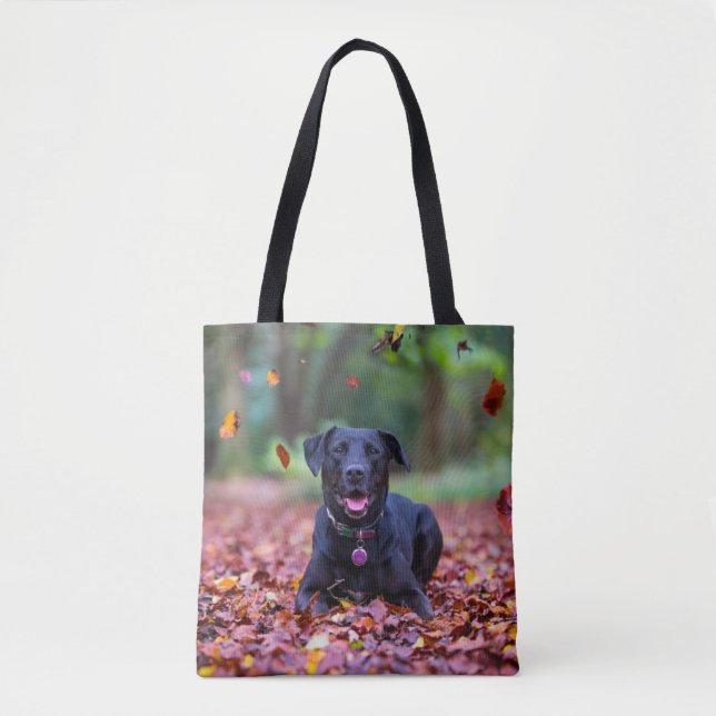 Bolso De Tela Labrador negro en hojas de otoño (Anverso)